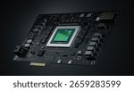 3D Render: Next-generation Artificial Intelligence Acceleration Card for Data Centers and Supercomputers. Isolated Generic Black Circuit Board with Advanced AI Microchip on it
