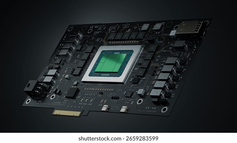 3D Render: Next-generation Artificial Intelligence Acceleration Card for Data Centers and Supercomputers. Isolated Generic Black Circuit Board with Advanced AI Microchip on it