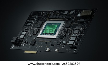 3D Render: Next-generation Artificial Intelligence Acceleration Card for Data Centers and Supercomputers. Isolated Generic Black Circuit Board with Advanced AI Microchip on it
