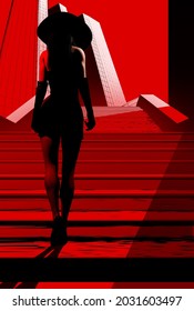 3d render noir illustration of lady in black dress and hat walking on red and black styled city stairs and skyscrapers on background.