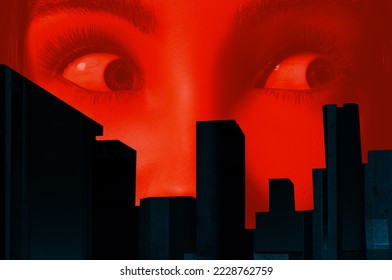 3d render noir illustration of scared lady face on toon red colored cityscape background. - Powered by Shutterstock