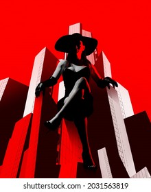 3d render noir illustration of sexy noir styled lady in black dress and hat sitting on red and black city buildings.