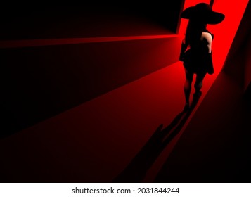 3d render noir illustration of sexy lady in black dress and hat standing on ray light dark red and black colored room, angle view.