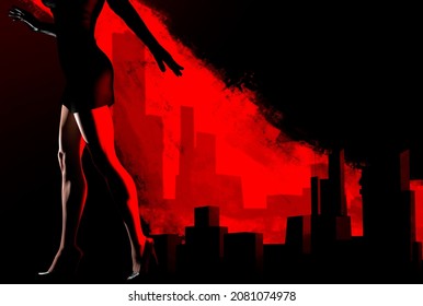 3d Render Noir Illustration Of Sexy Spy Lady In Black Dress And Heels Walking On Red Colored Cityscape Background.