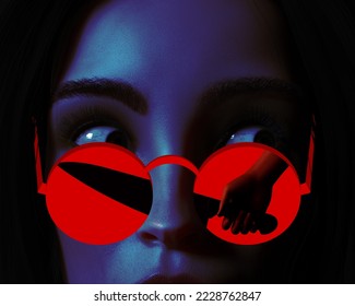 3d render noir thriller illustration of lady face in round glasses with knife killer hand in reflection on black background. - Powered by Shutterstock