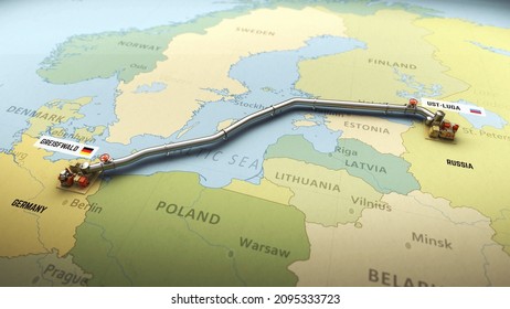 3D Render Of Nord Stream 2 Gas Pipeline Emerging On Map Of Europe Connecting Russia And Germany Through Baltic Sea