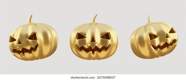 3D render (not AI generated) of gold pumpkin with spooky Halloween face. Isolated metalic jack o lantern decoration for October holiday, autumn festival, trick or treat event