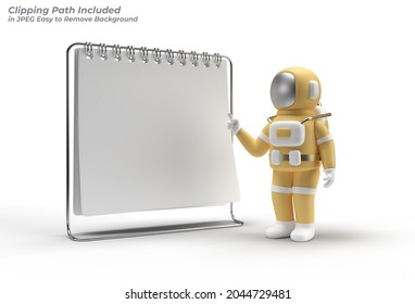 3d render Notebook Mock up with Astronaut Pointing Finger Pen Tool Created Clipping Path Included in JPEG Easy to Composite.