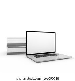 3d render of notebook with stack of books