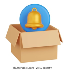 3D render Notification Bell Icon in a Cardboard Box