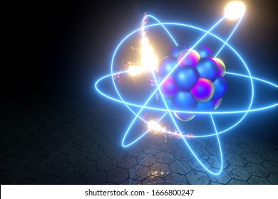 3D render nuclear fusion, there is a nuclear fission, pure energy. Copy space.
