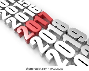 3d Render Number 2017 in red over white background - represents the new year. Timeline with Years