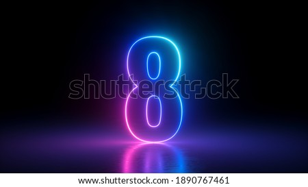 3d render, number eight glowing in the dark, pink blue neon light