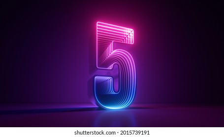 3d procesado, número cinco, símbolo digital, luz de neón gradiente azul rosado que brilla en la oscuridad