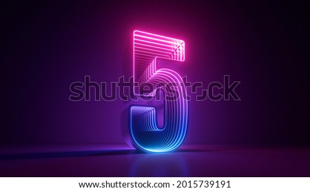 3d render, number five, digital symbol, pink blue gradient neon light glowing in the dark 商業照片 © 