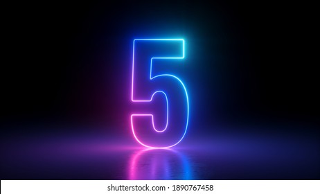 3d Render, Number Five Glowing In The Dark, Pink Blue Neon Light