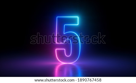 3d render, number five glowing in the dark, pink blue neon light