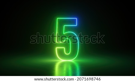 3d render, number five glowing in the dark with green blue neon light