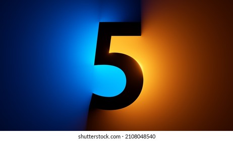 3d render, number five silhouette, digital math symbol, illuminated with yellow blue gradient neon light