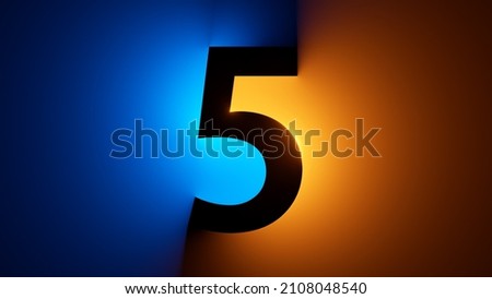 3d render, number five silhouette, digital math symbol, illuminated with yellow blue gradient neon light