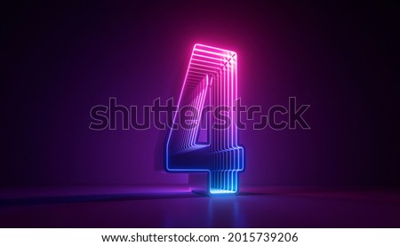 3d render, number four, digital symbol, pink blue gradient neon light glowing in the dark