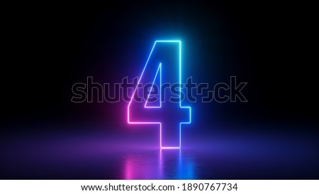 3d render, number four glowing in the dark, pink blue neon light