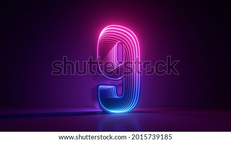 3d render, number nine, digital symbol, pink blue gradient neon light glowing in the dark