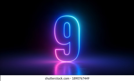 3d Render, Number Nine Glowing In The Dark, Pink Blue Neon Light