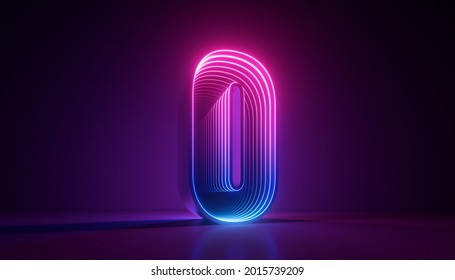 3d render  number null  digital zero symbol  pink blue gradient neon light glowing in the dark