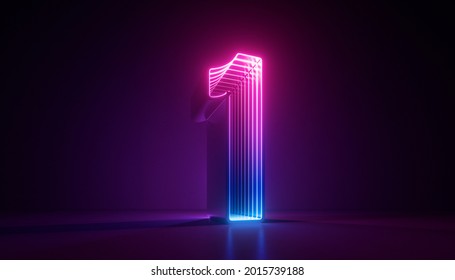 3d procesado, número uno, el mejor símbolo digital, luz de neón gradiente azul rosado brillando en la oscuridad
