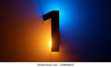 3d Render, Number One Silhouette, Digital Math Symbol, Illuminated With Yellow Blue Gradient Neon Light