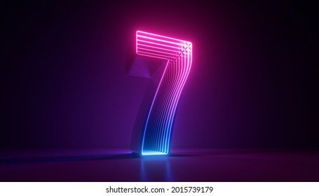 3d render, number seven, digital symbol, pink blue gradient neon light glowing in the dark
