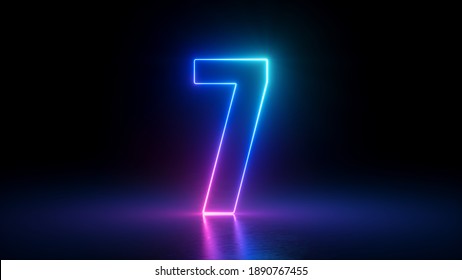 3d render, number seven glowing in the dark, pink blue neon light