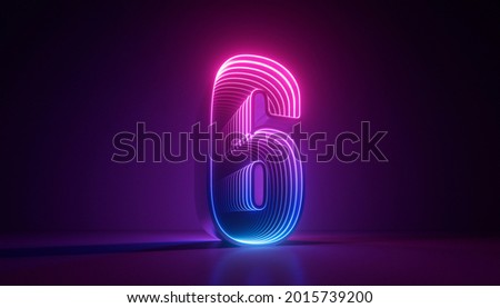 3d render, number six, digital symbol, pink blue gradient neon light glowing in the dark