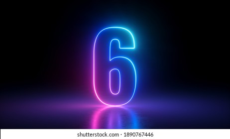 3d Render, Number Six Glowing In The Dark, Pink Blue Neon Light