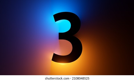 3d render  number three silhouette  digital math symbol  illuminated and yellow blue gradient neon light
