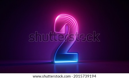 3d render, number two, digital symbol, pink blue gradient neon light glowing in the dark Foto stock © 