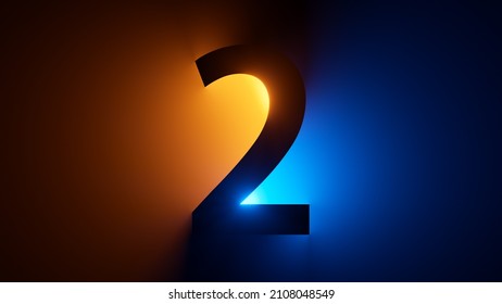 3d render  number two silhouette  digital math symbol  illuminated and yellow blue gradient neon light