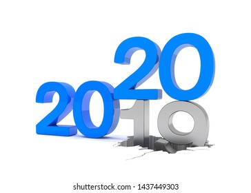 3d render of the numbers 2019 and 20 in blue over white background. The number 20 falls on the number 19 and breaks in it in the ground.