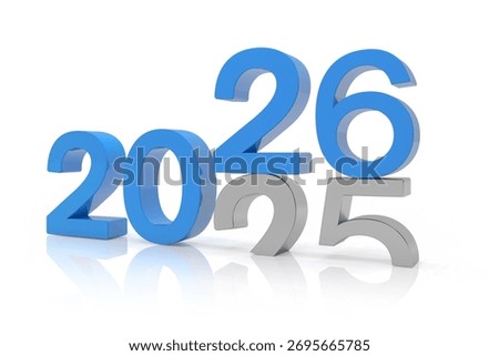 3d render of the numbers 2026 and 25 in blue over white reflecting background. The number 26 falls on the number 25 and breaks in it in the ground - vacation concept.