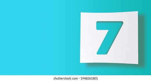 3D Render Numbers Collection: No. 7, Seven, Cut Out On White Square Paper On Turquoise Background. Smooth Drop Shadow And Large Copy Space. Illustration Design In Numeric Typography. Basic Shape