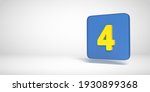 3D render numbers collection: Yellow no. 4, four, in blue flat box. Square shape on white background. Smooth drop shadow and large copy space. Illustration design in numeric typography. Basic shape