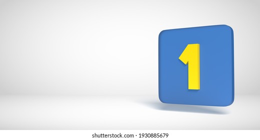 3D Render Numbers Collection: Yellow No. 1, One, In Blue Flat Box. Square Shape On White Background. Smooth Drop Shadow And Large Copy Space. Illustration Design In Numeric Typography. Basic Shape