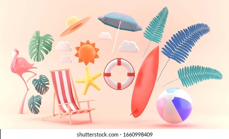3d render object for banner,poster with beach elements on pink background.-3d rendering.