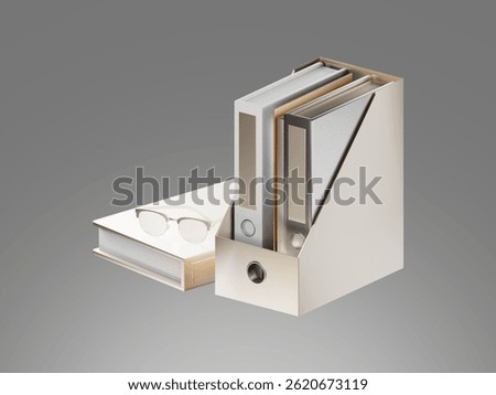 3D render of office document folders and books in a vertical organizer, symbolizing documentation, paperwork, and record keeping.