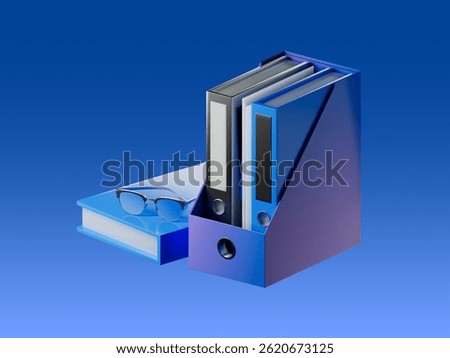 3D render of office document folders and books in a vertical organizer, symbolizing documentation, paperwork, and record keeping.