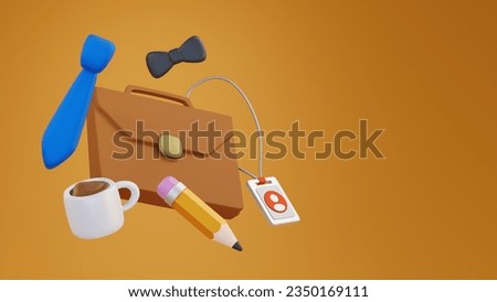 3d render office worker equipment set. Briefcase, pencil, cup of coffee, tie, and name tag. Job vacancy illustration