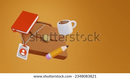 3d render office workers equipment set. Briefcase, pencil, cup of coffee, name tag and book. Illustration for business consulting course