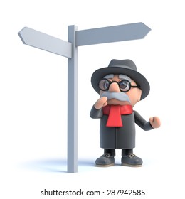 3d render of an old man looking at a roadsign.