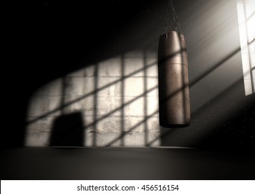 A 3D render of an old worn vintage leather punching bag in a room lit by an ethereal highlighting window light